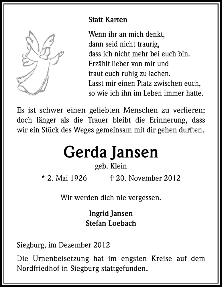  Traueranzeige für Gerda Jansen vom 06.12.2012 aus Kölner Stadt-Anzeiger / Kölnische Rundschau / Express