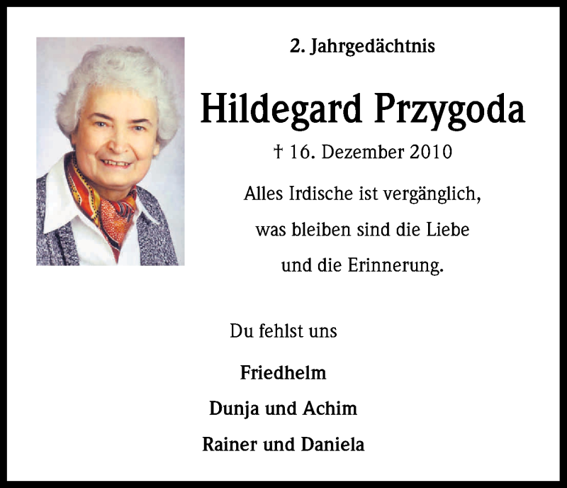  Traueranzeige für Hildegard Przygoda vom 15.12.2012 aus Kölner Stadt-Anzeiger / Kölnische Rundschau / Express