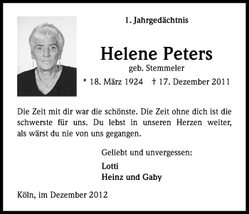 Anzeige von Helene Peters von Kölner Stadt-Anzeiger / Kölnische Rundschau / Express