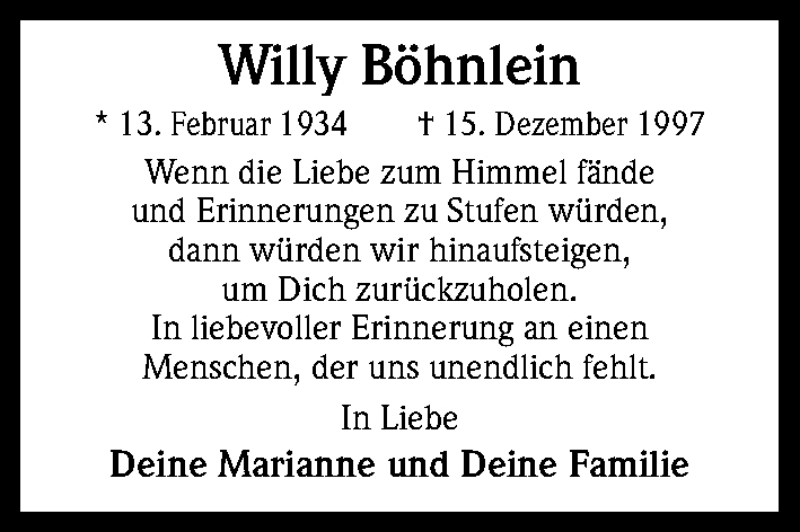  Traueranzeige für Willy Böhnlein vom 15.12.2012 aus Kölner Stadt-Anzeiger / Kölnische Rundschau / Express