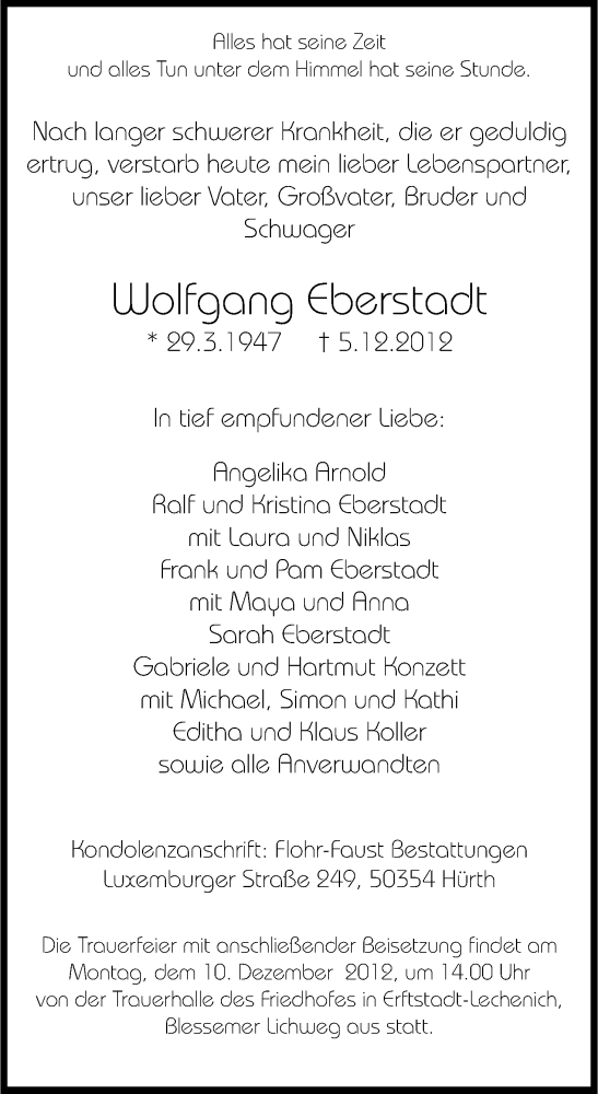  Traueranzeige für Wolfgang Eberstadt vom 08.12.2012 aus Kölner Stadt-Anzeiger / Kölnische Rundschau / Express