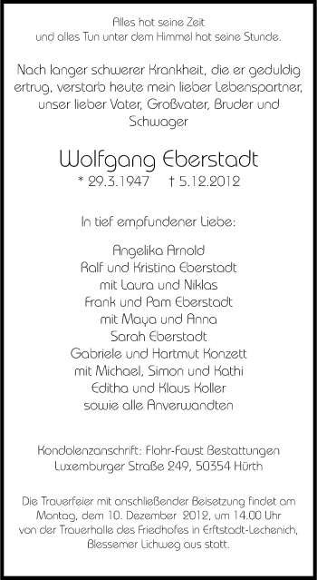 Anzeige von Wolfgang Eberstadt von Kölner Stadt-Anzeiger / Kölnische Rundschau / Express