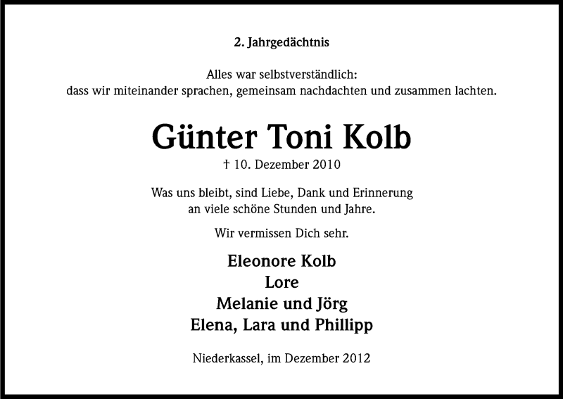  Traueranzeige für Günter Toni Kolb vom 10.12.2012 aus Kölner Stadt-Anzeiger / Kölnische Rundschau / Express