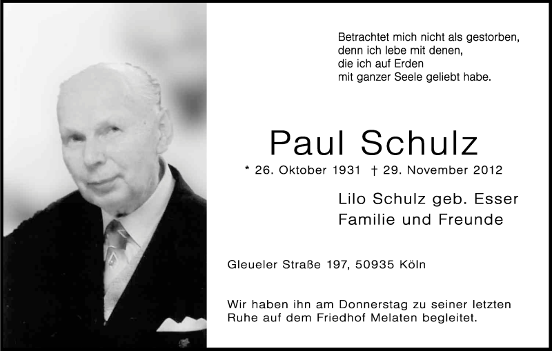  Traueranzeige für Paul Schulz vom 08.12.2012 aus Kölner Stadt-Anzeiger / Kölnische Rundschau / Express