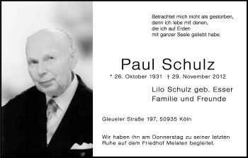 Anzeige von Paul Schulz von Kölner Stadt-Anzeiger / Kölnische Rundschau / Express