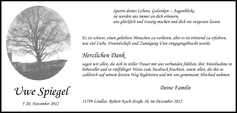  Traueranzeige für Uwe Spiegel vom 15.12.2012 aus Kölner Stadt-Anzeiger / Kölnische Rundschau / Express