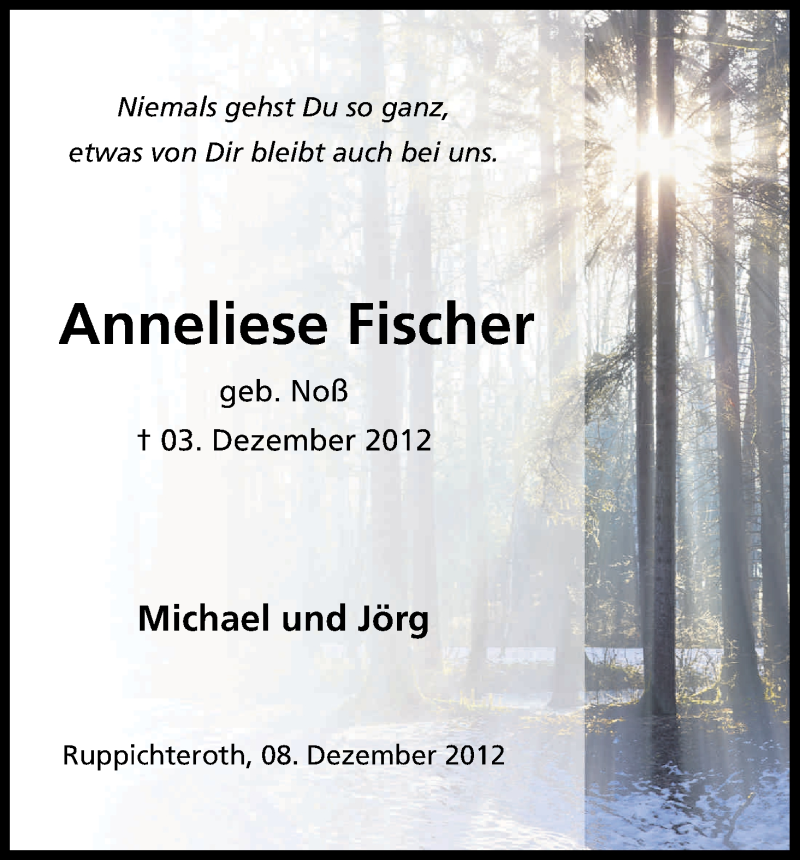  Traueranzeige für Anneliese Fischer vom 08.12.2012 aus Kölner Stadt-Anzeiger / Kölnische Rundschau / Express