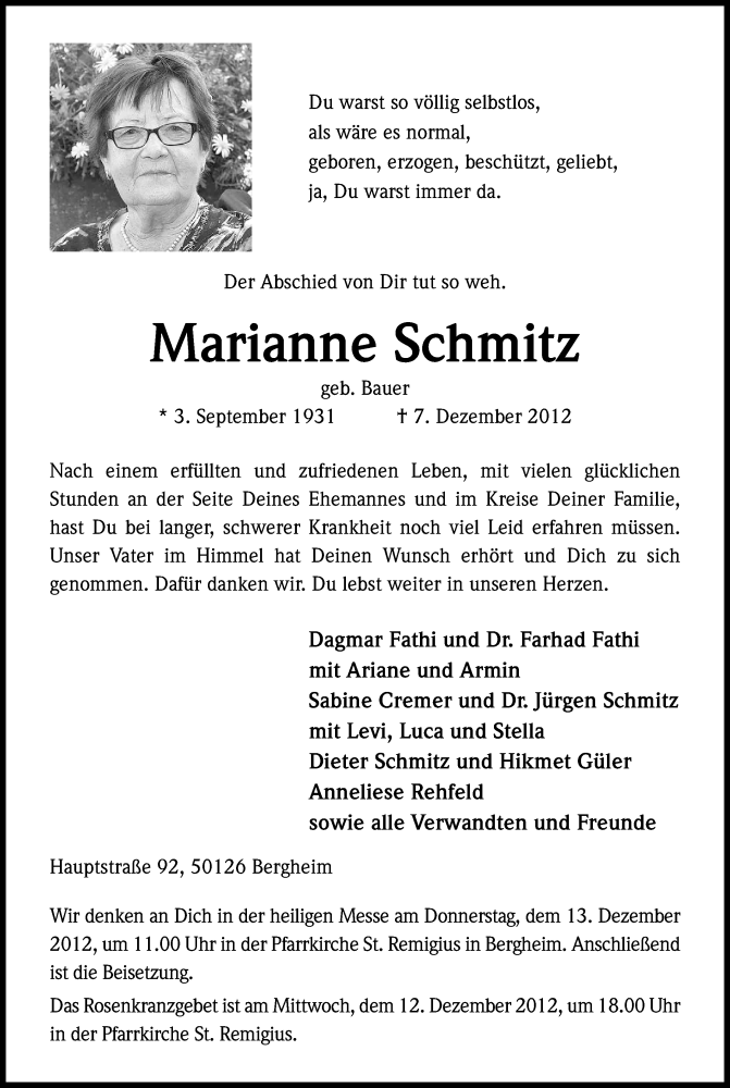  Traueranzeige für Marianne Schmitz vom 10.12.2012 aus Kölner Stadt-Anzeiger / Kölnische Rundschau / Express