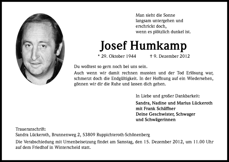  Traueranzeige für Josef Humkamp vom 11.12.2012 aus Kölner Stadt-Anzeiger / Kölnische Rundschau / Express