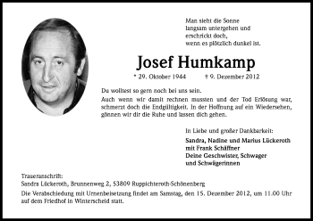 Anzeige von Josef Humkamp von Kölner Stadt-Anzeiger / Kölnische Rundschau / Express