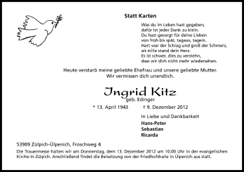 Anzeige von Ingrid Kitz von Kölner Stadt-Anzeiger / Kölnische Rundschau / Express