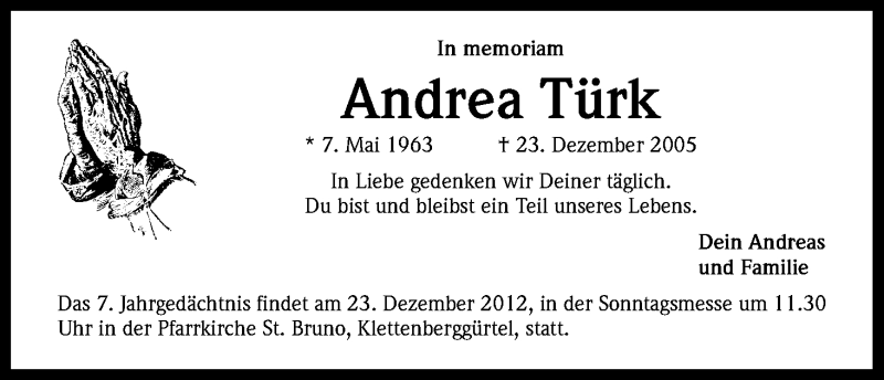  Traueranzeige für Andrea Türk vom 19.12.2012 aus Kölner Stadt-Anzeiger / Kölnische Rundschau / Express