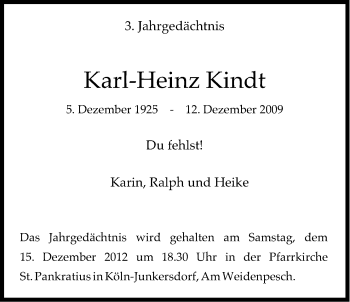 Anzeige von Karl-Heinz Kindt von Kölner Stadt-Anzeiger / Kölnische Rundschau / Express