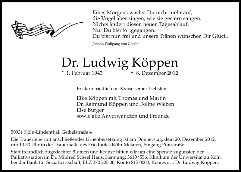  Traueranzeige für Ludwig Köppen vom 15.12.2012 aus Kölner Stadt-Anzeiger / Kölnische Rundschau / Express