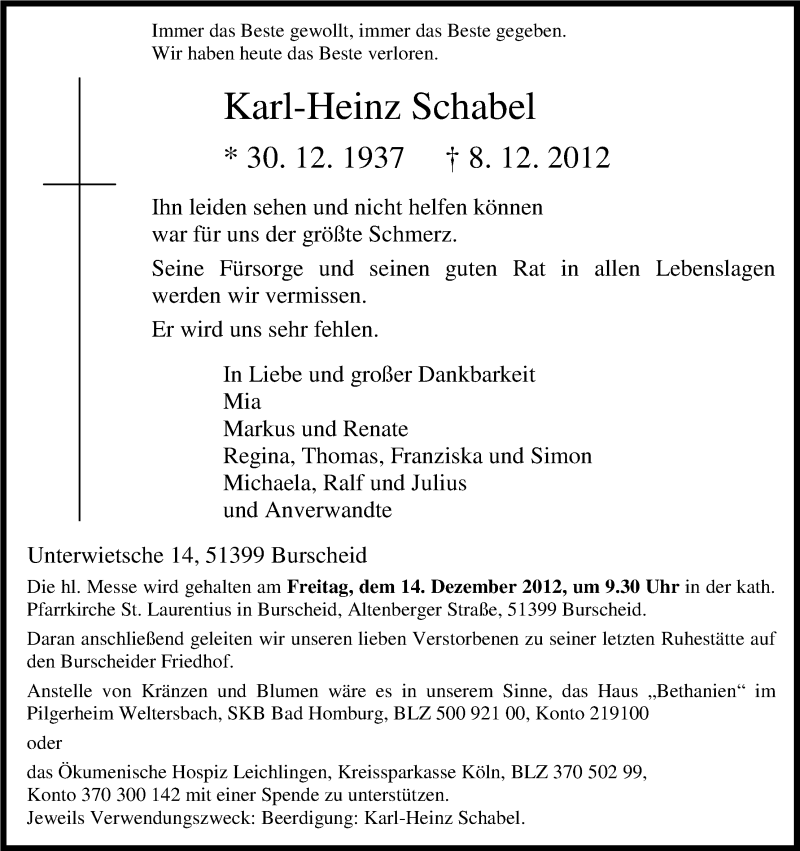  Traueranzeige für Karl-Heinz Schabel vom 12.12.2012 aus Kölner Stadt-Anzeiger / Kölnische Rundschau / Express