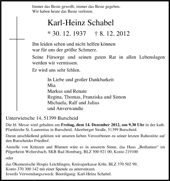 Anzeige von Karl-Heinz Schabel von Kölner Stadt-Anzeiger / Kölnische Rundschau / Express