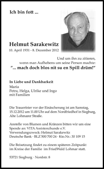 Anzeige von Helmut Sarakewitz von Kölner Stadt-Anzeiger / Kölnische Rundschau / Express