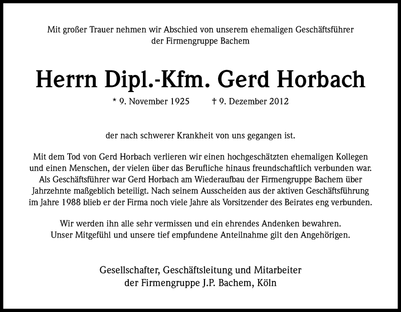  Traueranzeige für Gerd Horbach vom 15.12.2012 aus Kölner Stadt-Anzeiger / Kölnische Rundschau / Express