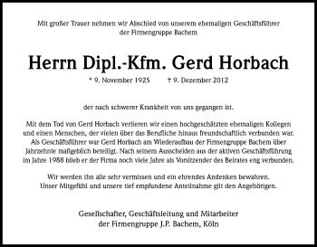 Anzeige von Gerd Horbach von Kölner Stadt-Anzeiger / Kölnische Rundschau / Express