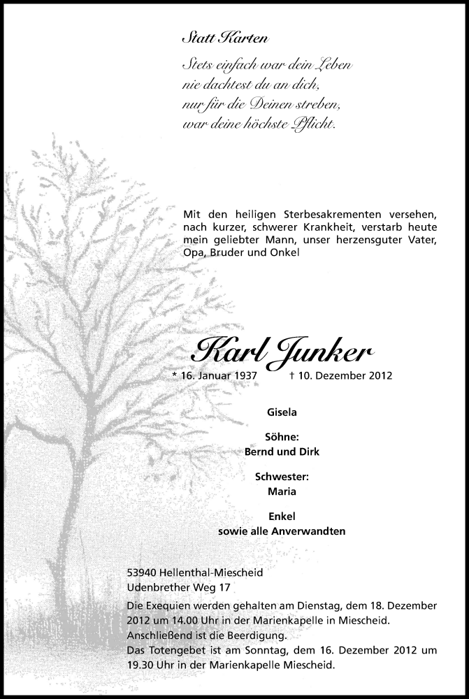  Traueranzeige für Karl Junker vom 13.12.2012 aus Kölner Stadt-Anzeiger / Kölnische Rundschau / Express