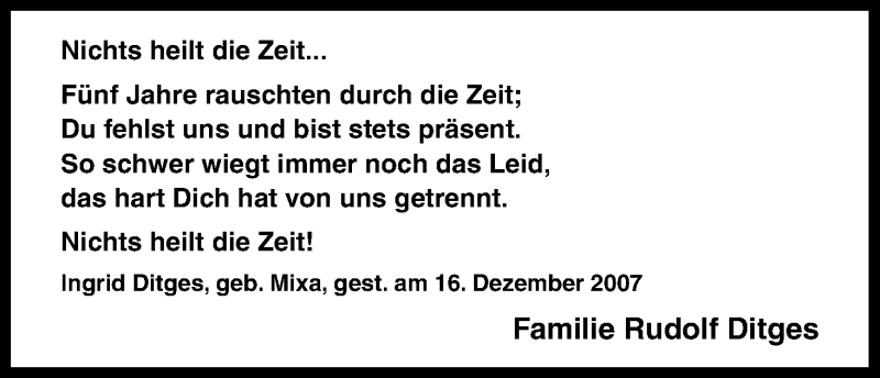  Traueranzeige für Ingrid Ditges vom 15.12.2012 aus Kölner Stadt-Anzeiger / Kölnische Rundschau / Express