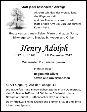 Anzeige von Henry Adolph von Kölner Stadt-Anzeiger / Kölnische Rundschau / Express