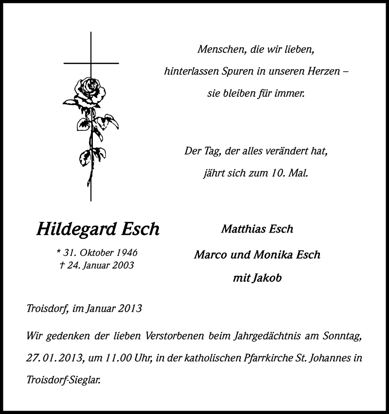  Traueranzeige für Hildegard Esch vom 19.01.2013 aus Kölner Stadt-Anzeiger / Kölnische Rundschau / Express