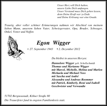 Anzeige von Egon Wigger von Kölner Stadt-Anzeiger / Kölnische Rundschau / Express