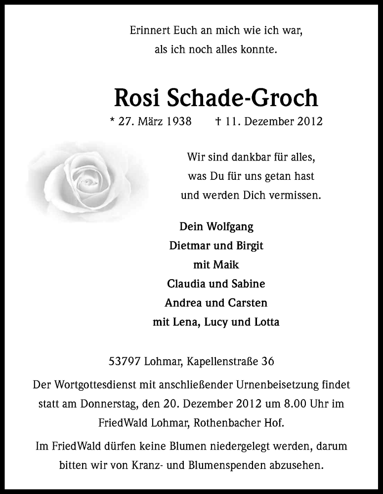  Traueranzeige für Rosi Schade-Groch vom 15.12.2012 aus Kölner Stadt-Anzeiger / Kölnische Rundschau / Express