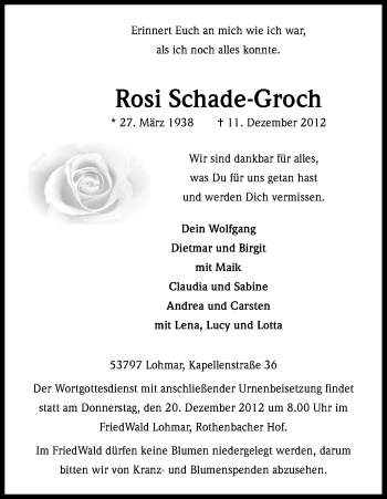Anzeige von Rosi Schade-Groch von Kölner Stadt-Anzeiger / Kölnische Rundschau / Express