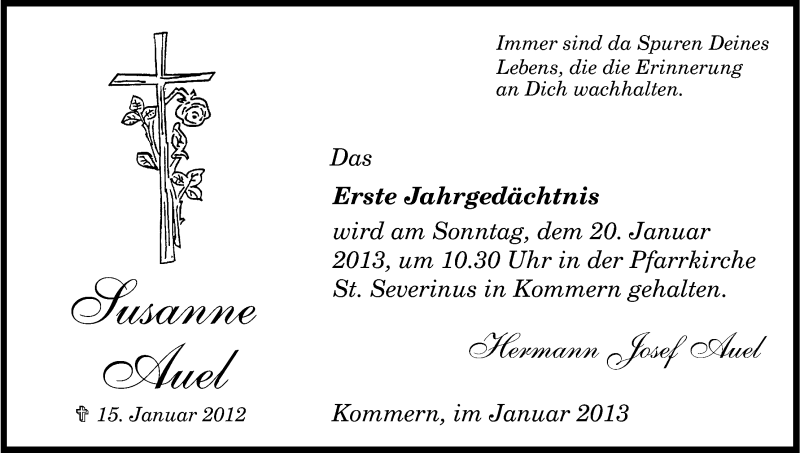  Traueranzeige für Susanne Auel vom 12.01.2013 aus Kölner Stadt-Anzeiger / Kölnische Rundschau / Express