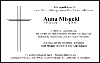 Anzeige von Anna Misgeld von Kölner Stadt-Anzeiger / Kölnische Rundschau / Express