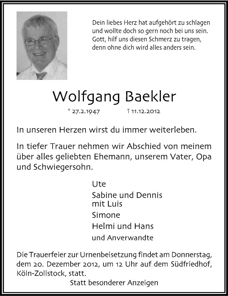  Traueranzeige für Wolfgang Baekler vom 17.12.2012 aus Kölner Stadt-Anzeiger / Kölnische Rundschau / Express