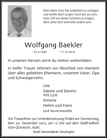 Anzeige von Wolfgang Baekler von Kölner Stadt-Anzeiger / Kölnische Rundschau / Express