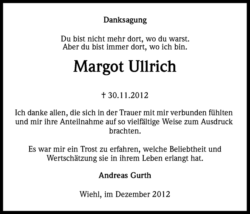  Traueranzeige für Margot Ullrich vom 15.12.2012 aus Kölner Stadt-Anzeiger / Kölnische Rundschau / Express