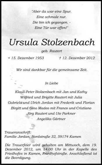 Anzeige von Ursula Stolzenbach von Kölner Stadt-Anzeiger / Kölnische Rundschau / Express