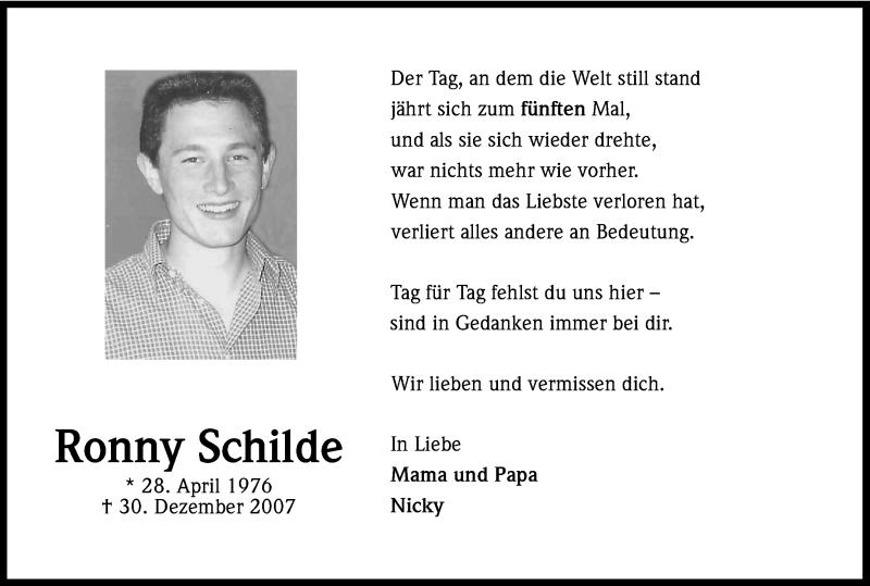  Traueranzeige für Ronny Schilde vom 29.12.2012 aus Kölner Stadt-Anzeiger / Kölnische Rundschau / Express