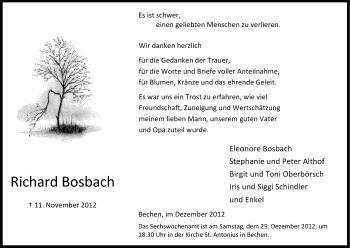 Anzeige von Richard Bosbach von Kölner Stadt-Anzeiger / Kölnische Rundschau / Express