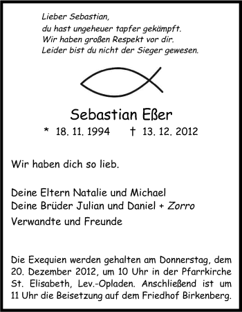 Anzeige von Sebastian Eßer von Kölner Stadt-Anzeiger / Kölnische Rundschau / Express
