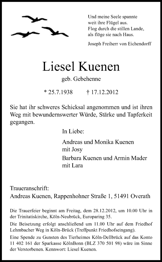  Traueranzeige für Liesel Kuenen vom 22.12.2012 aus Kölner Stadt-Anzeiger / Kölnische Rundschau / Express