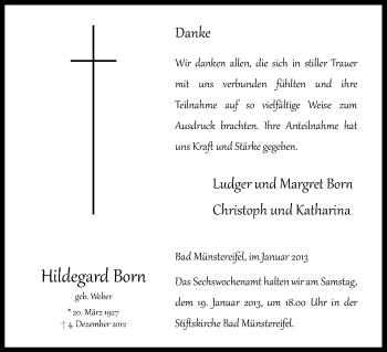 Anzeige von Hildegard Born von Kölner Stadt-Anzeiger / Kölnische Rundschau / Express