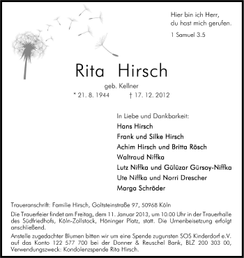 Anzeige von Rita Hirsch von Kölner Stadt-Anzeiger / Kölnische Rundschau / Express