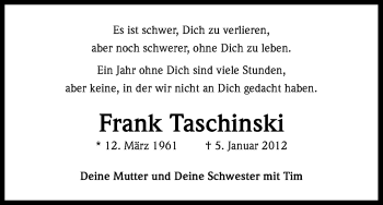Anzeige von Frank Taschinski von Kölner Stadt-Anzeiger / Kölnische Rundschau / Express