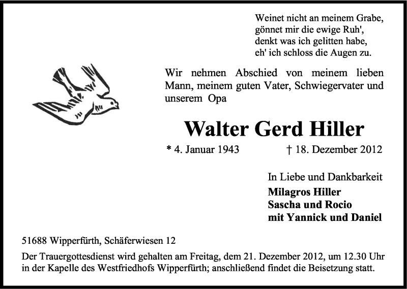  Traueranzeige für Walter Gerd Hiller vom 20.12.2012 aus Kölner Stadt-Anzeiger / Kölnische Rundschau / Express