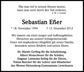 Anzeige von Sebastian Eßer von Kölner Stadt-Anzeiger / Kölnische Rundschau / Express