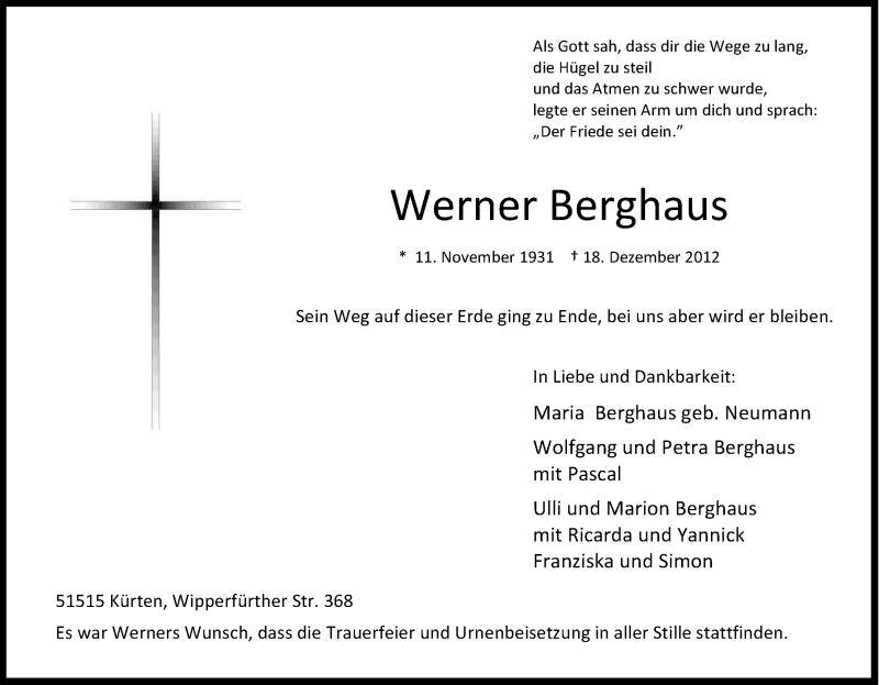  Traueranzeige für Werner Berghaus vom 20.12.2012 aus Kölner Stadt-Anzeiger / Kölnische Rundschau / Express