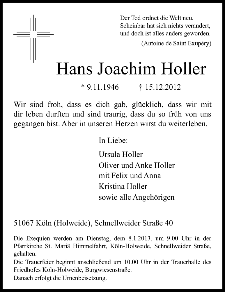  Traueranzeige für Joachim Holler vom 05.01.2013 aus Kölner Stadt-Anzeiger / Kölnische Rundschau / Express