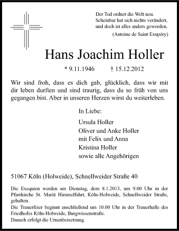 Anzeige von Joachim Holler von Kölner Stadt-Anzeiger / Kölnische Rundschau / Express