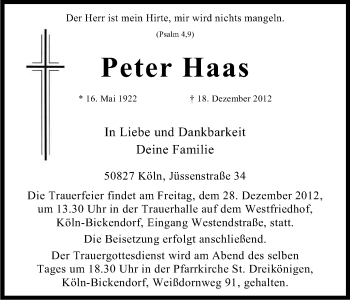 Anzeige von Peter Haas von Kölner Stadt-Anzeiger / Kölnische Rundschau / Express