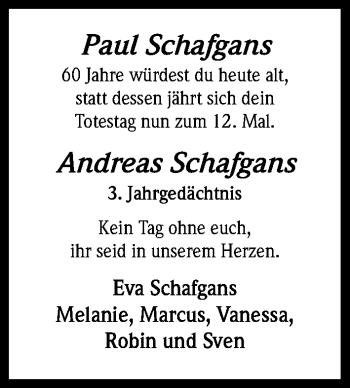 Anzeige von Andreas und Paul Schafgans von Kölner Stadt-Anzeiger / Kölnische Rundschau / Express